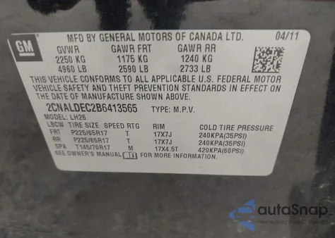 2011 Chevrolet Equinox 1Lt из США, поврежденный, VIN 2CNALDEC2B6413565